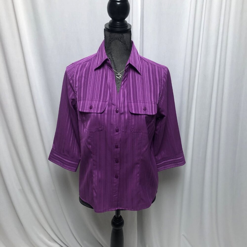 Joanna Blouse Womens Size Small Petite Purple Button Down Stretch Shirt Vintage